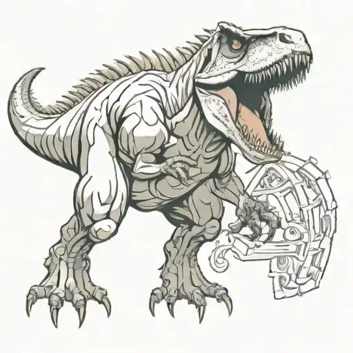 cartion t rex with giant muscular arms flexing tattoo design idea