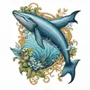 A majestic blue whale swimming through a field of art nouveau inspired underwater plants tattoo design idea