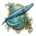 A majestic blue whale swimming through a field of art nouveau inspired underwater plants tattoo design idea