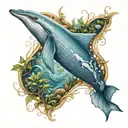 A majestic blue whale swimming through a field of art nouveau inspired underwater plants tattoo design idea