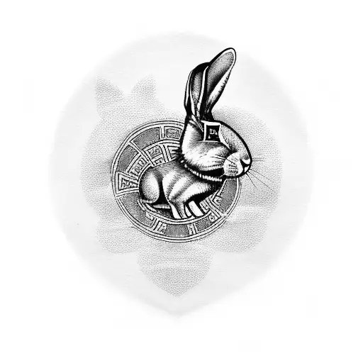 A dotwork tattoo depicting a rabbit wearing a WW2 German Wehrmacht uniform, surrounded by psychology-themed symbols and the number 13, symbolizing the client's diverse interests and favorite things. tattoo design idea