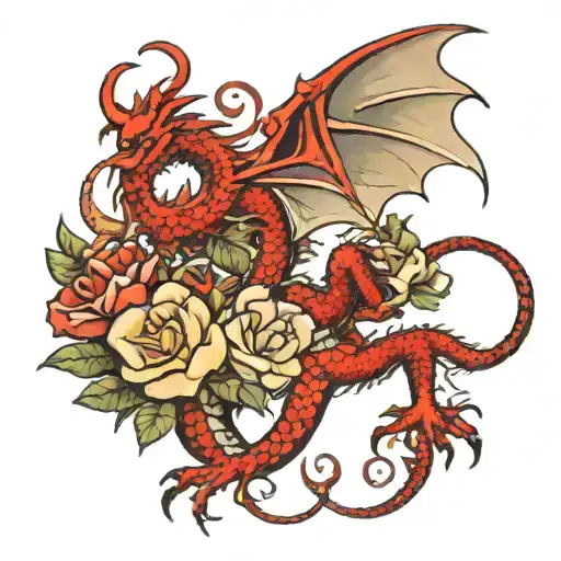 flowers going down the back with a red dragon wrapped around it going down tattoo design idea