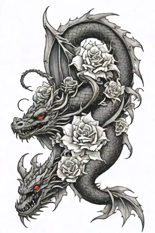 flowers going down the back with a red dragon wrapped around it going down tattoo design idea