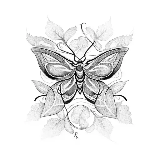 A moth with intricate vine patterns wrapping around it, set against a backdrop of a full moon tattoo design idea