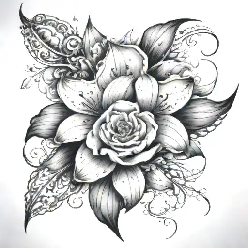 Mens tattoo sleeve incorporating a Stargazer lily, rose, babys breath, a family walking on a beach, eyeball, filigree tattoo design idea