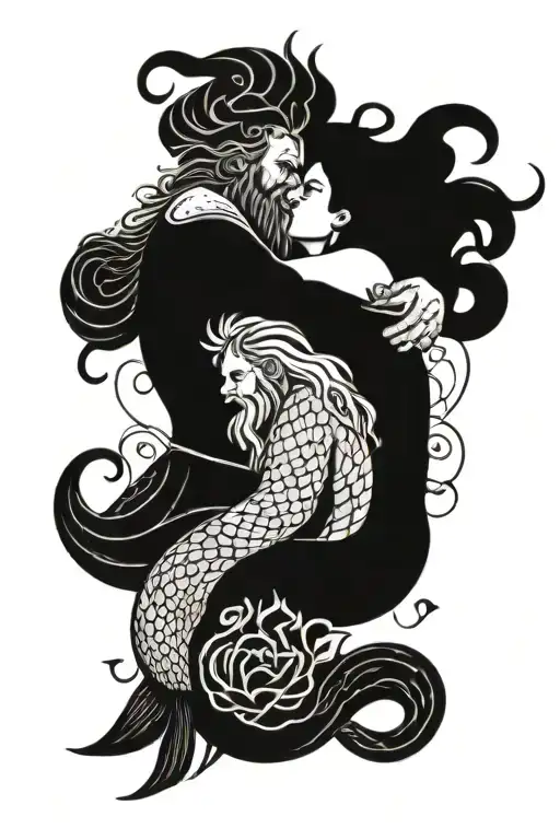 king neptune and mermaid hugging each other tattoo design idea