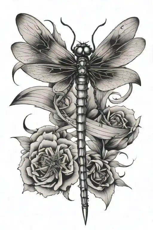 dragonfly with swords behind it tattoo design idea