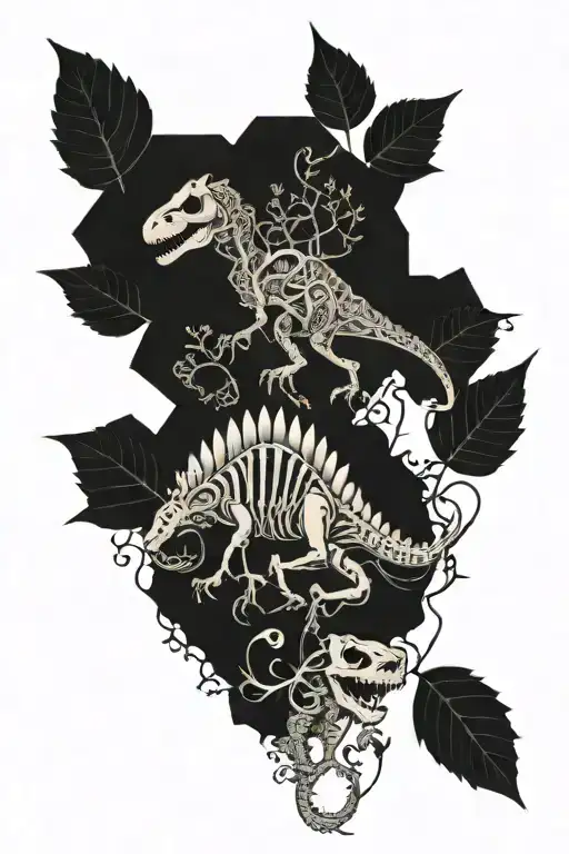 dinosaurs skeletons with vines and flowers intertwined tattoo design idea