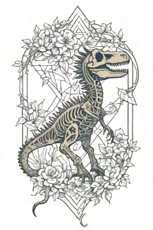 dinosaur skeleton with vines and flowers intertwined tattoo design idea
