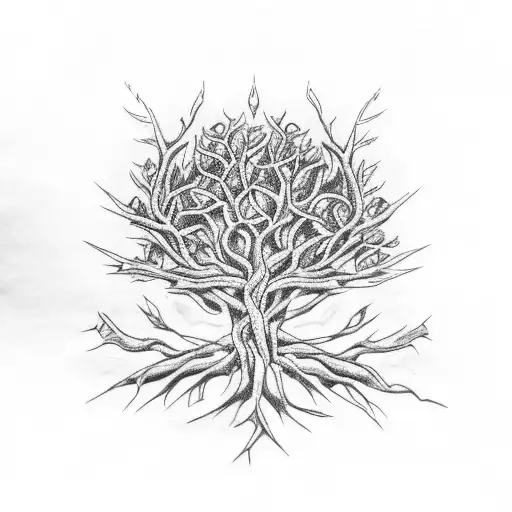 Tree of Death, thorns and roses in a pattern tattoo design idea