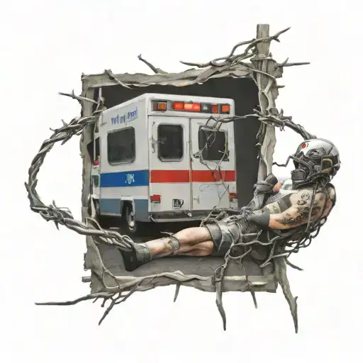 person trapped in barbed wire with ambulance in background tattoo design idea