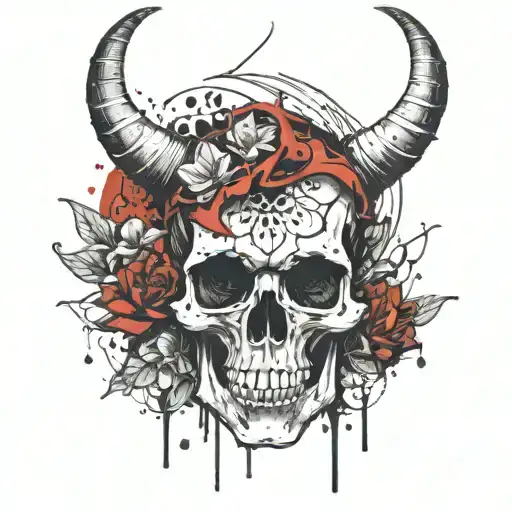 crescent moon horned skull with lotus flowers intertwined tattoo design idea