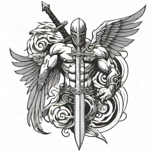 muscle body and sword and wing tattoo design idea
