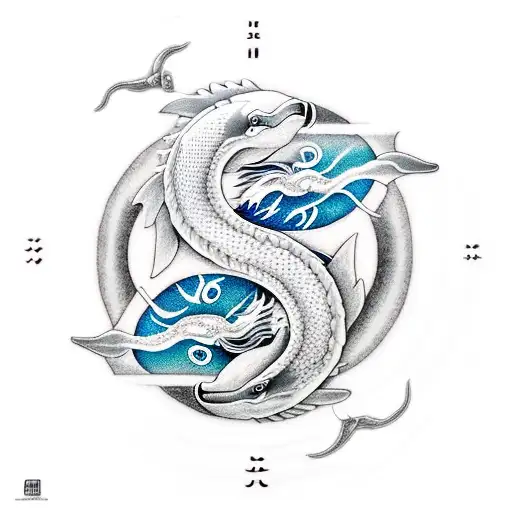 yin yang with a dolphin and  a dragon tattoo design idea