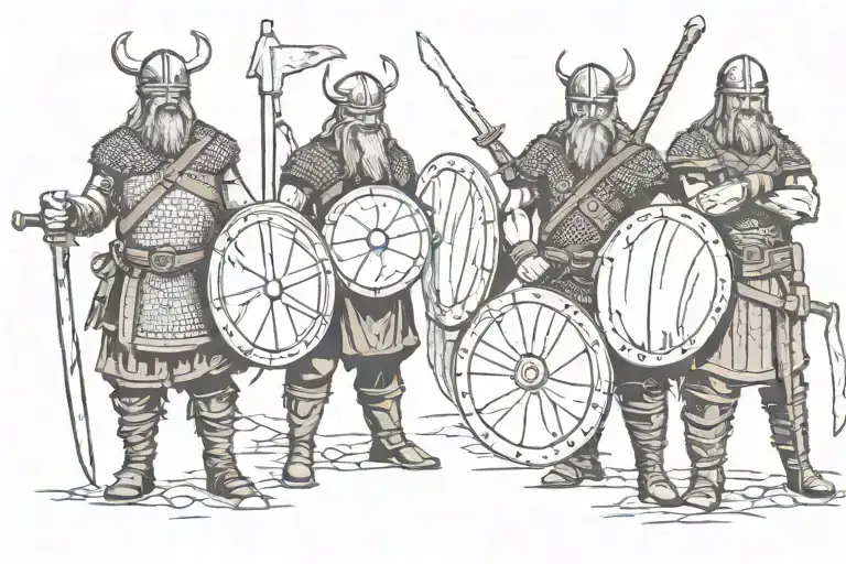 10 Vikings, standing in a row, ready for battle, Scandinavian Vikings, with axes, shields, swords. berserkers, tattoo design idea