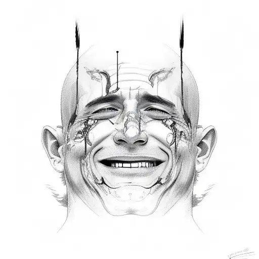 David's face smiling. One side of his face is falling apart and he is seen crying tattoo design idea