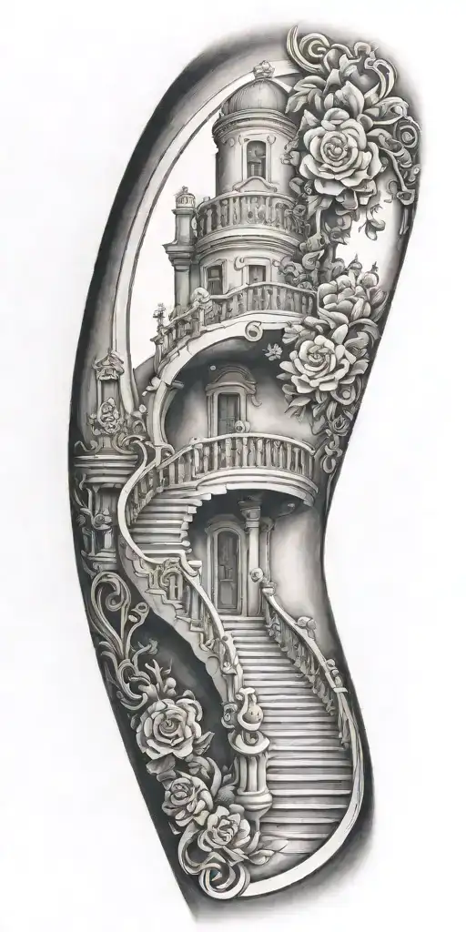 staircase circling around arm tattoo design idea