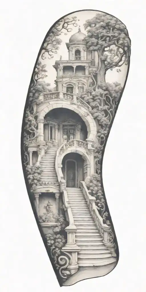 staircase circling around arm tattoo design idea