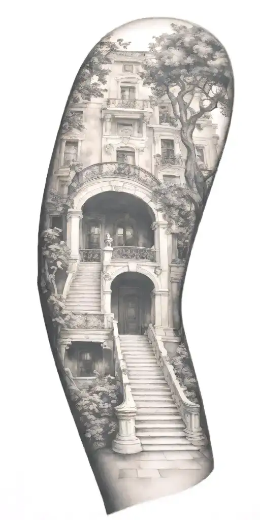 staircase circling around arm tattoo design idea