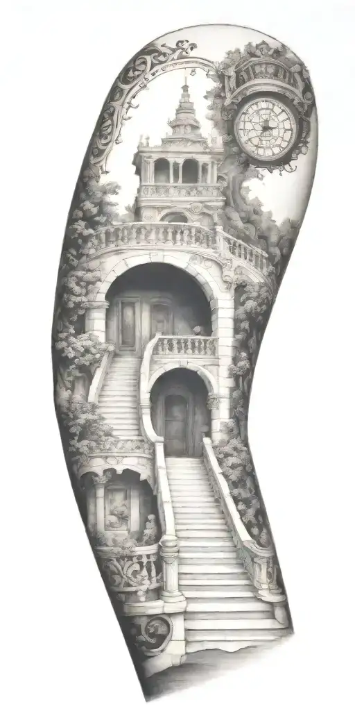 staircase circling around arm tattoo design idea