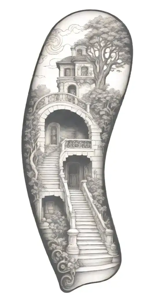 staircase circling around arm tattoo design idea