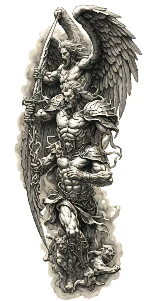 biblical accurate angel fighting  demons tattoo design idea