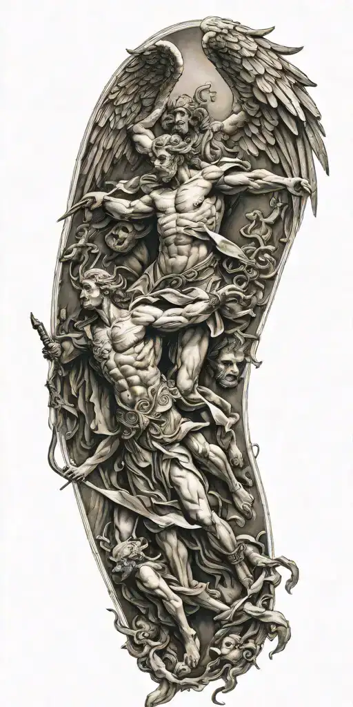 biblical accurate angel fighting  demons tattoo design idea