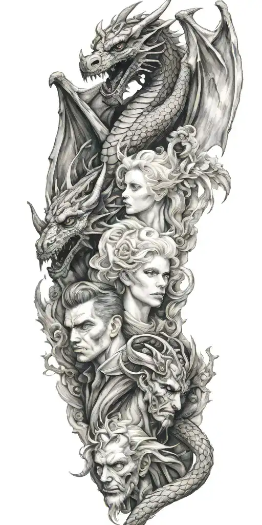 Dragon and angel and demon tattoo design idea
