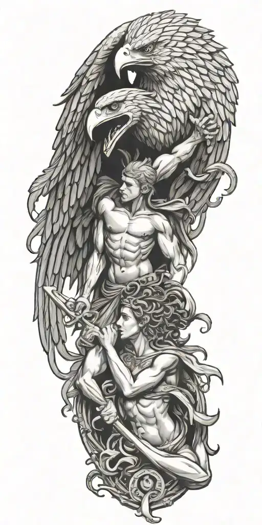 Spartan Hero Eagle Medusa fighting each other half tattoo design idea