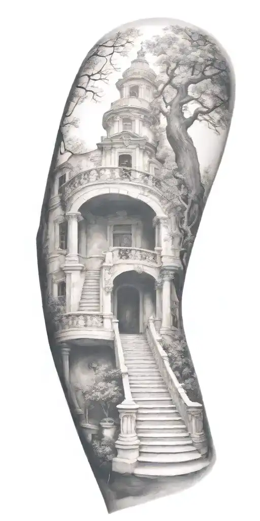 staircase circling around arm tattoo design idea