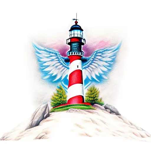 Lighthouse, Rock, Anchor, Angel wings tattoo design idea