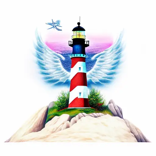 Lighthouse, Rock, Anchor, Angel wings tattoo design idea