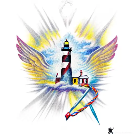 Lighthouse, Rock, Anchor and angel wings tattoo design idea
