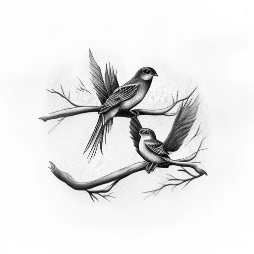 Three birds on a tree branch two girl birds one boy bird the boy and bird bigger than the other two birds  tattoo design idea