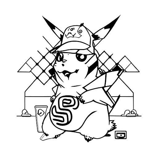 A sketch of Pikachu wearing a developer's hat and coding tattoo design idea