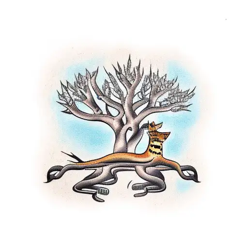 ceiba tree with a jaguar, a birdie and a deer tattoo design idea