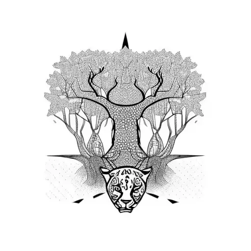 ceiba tree with a jaguar, a birdie and a deer tattoo design idea