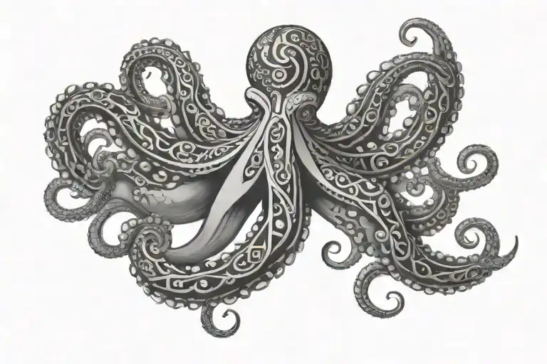 upside down Octopus head over my left chest, its arms running up over my chest, shoulder, neck, maori style tattoo design idea