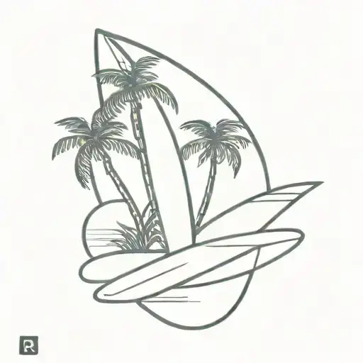 surfboard the design in the surfboard is sand at the bottom and a palm tree coming up with a cloud over the palm tree tattoo design idea