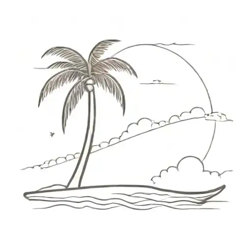 palm tree coming out of sand with a cloud above it on the back of a surfboard tattoo design idea