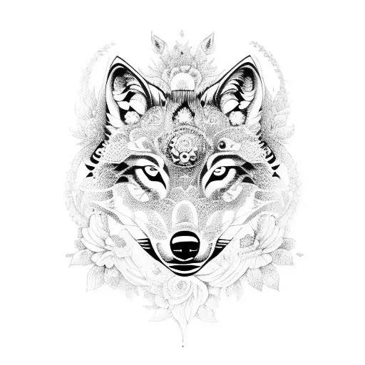 A detailed silhouette of a wolf surrounded by intricate floral patterns tattoo design idea