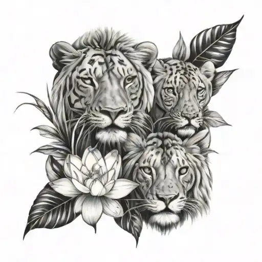 2 Cubs and a lion forearm tattoo over water lily tattoo design idea