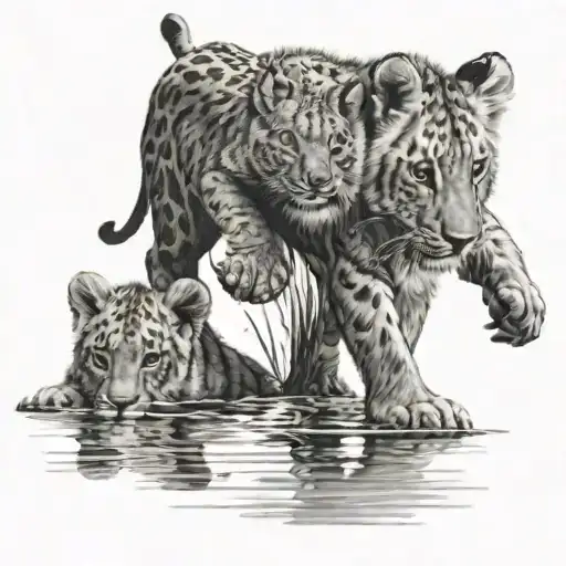 2 Cubs looking into water at lion reflection tattoo design idea