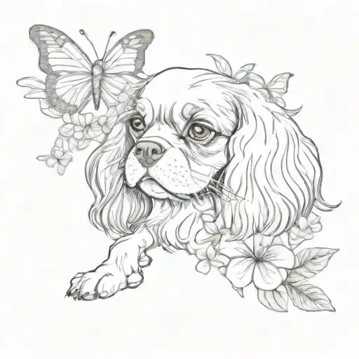 cavalier king charles spaniel playing with butterfly and flowers tattoo design idea