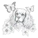 cavalier king charles spaniel playing with butterfly and flowers tattoo design idea