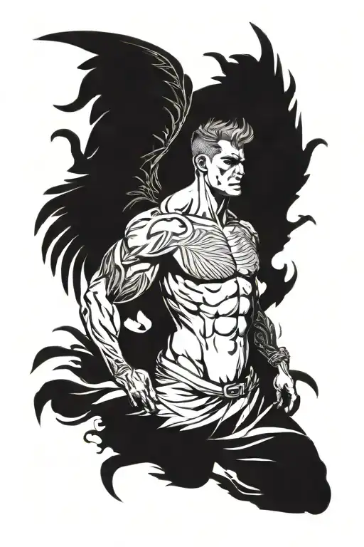 A man with one demon wing and one angel wing flying, no shirt but with pants on and large muscles tattoo design idea