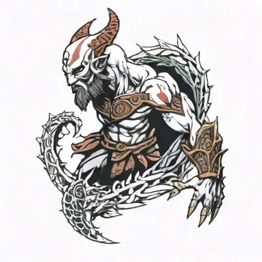 i already have two seperate tattoos of kratos and a dragon, create a way for me to match them, either with background  tattoo design idea