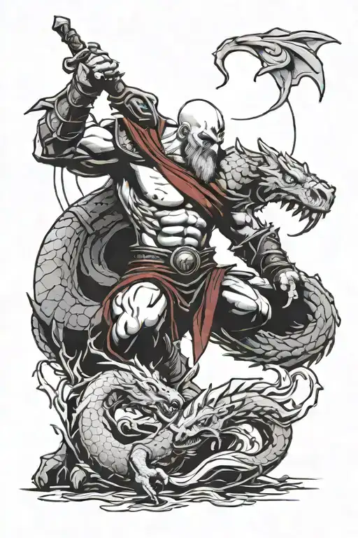 kratos and a dragon with a cool background between the tattoo design idea