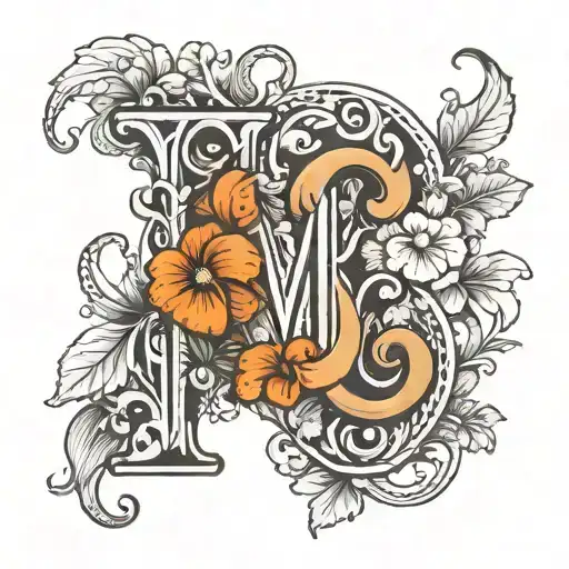 Letter M ornamented with mushrooms and flowers intertwined tattoo design idea