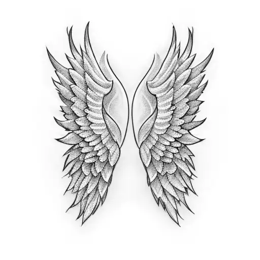 A pair of angel wings formed by intricate blackwork musical notes tattoo design idea